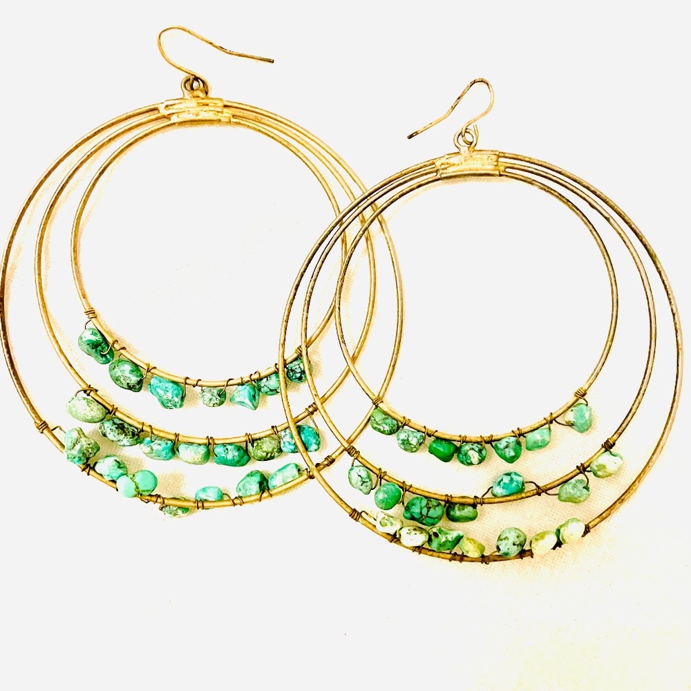 Vintage Anthropologie Big Wire Hoop Stone Earrings